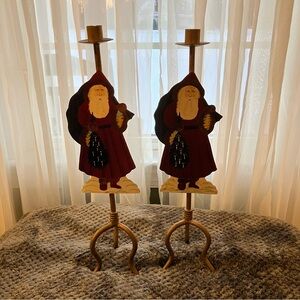 Set of Vintage, Folk Art Style, Farmhouse Santa Claus 19” Metal Candle Holders